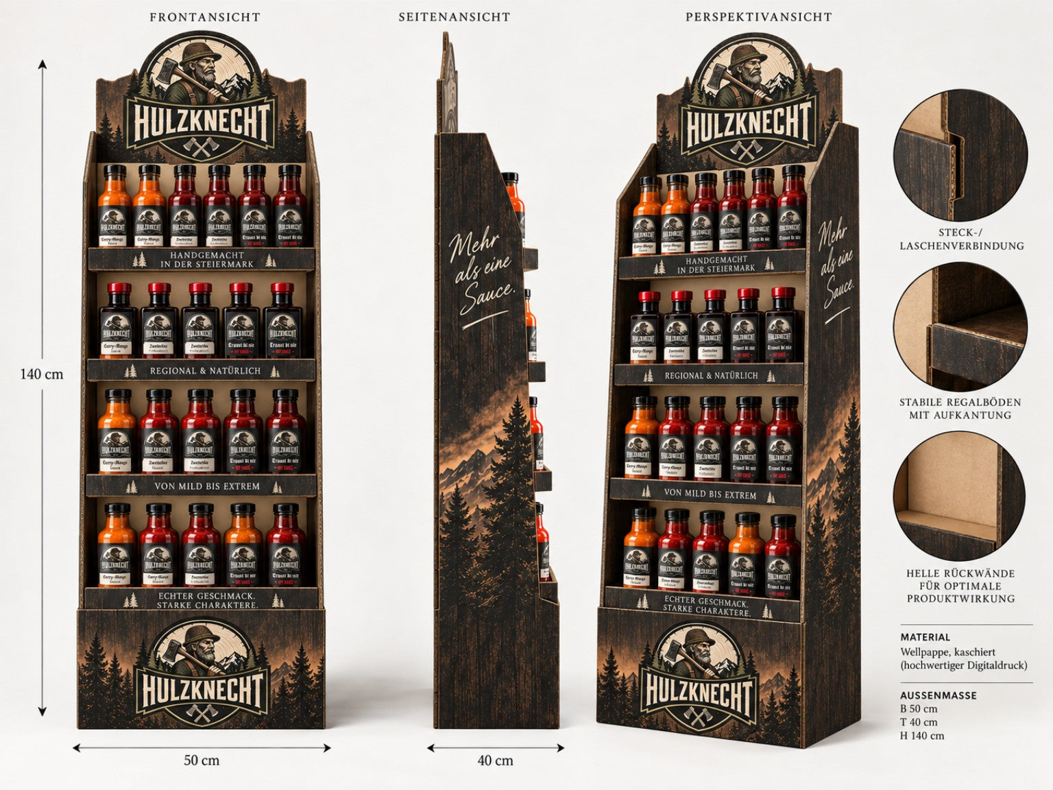 Originales HULZKNECHT-Verkaufsdisplay in Front-, Seiten- und Perspektivansicht